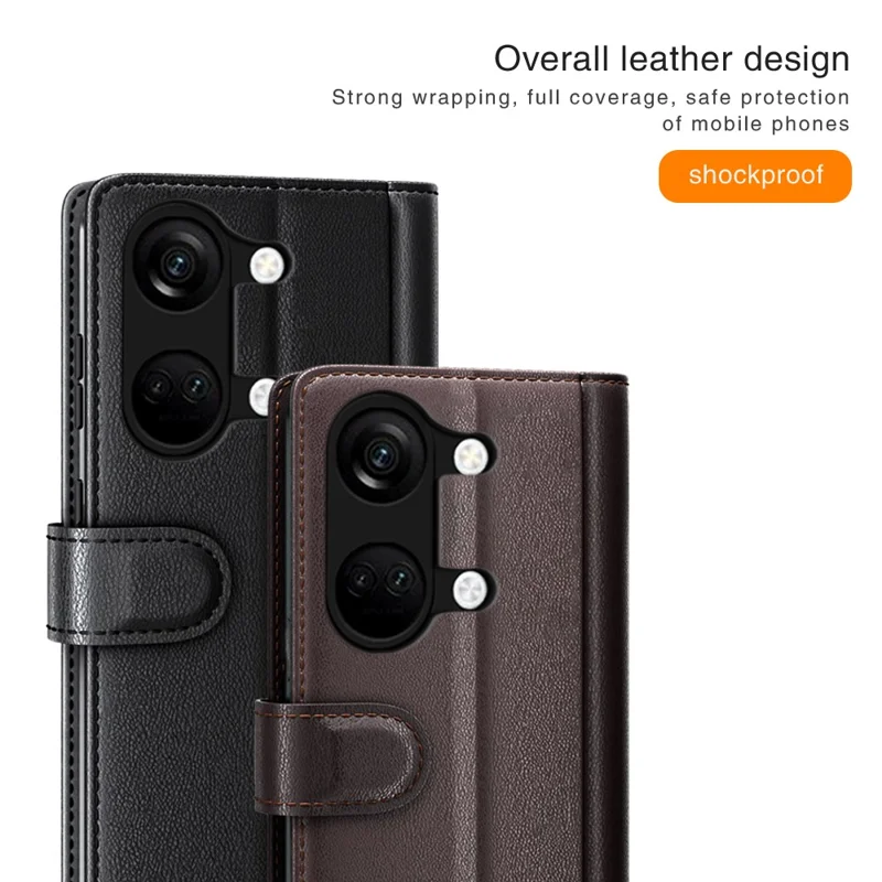 For OnePlus Ace 2V / Nord 3 5G Case Genuine Split Leather Phone Cover with Wallet Stand - Black