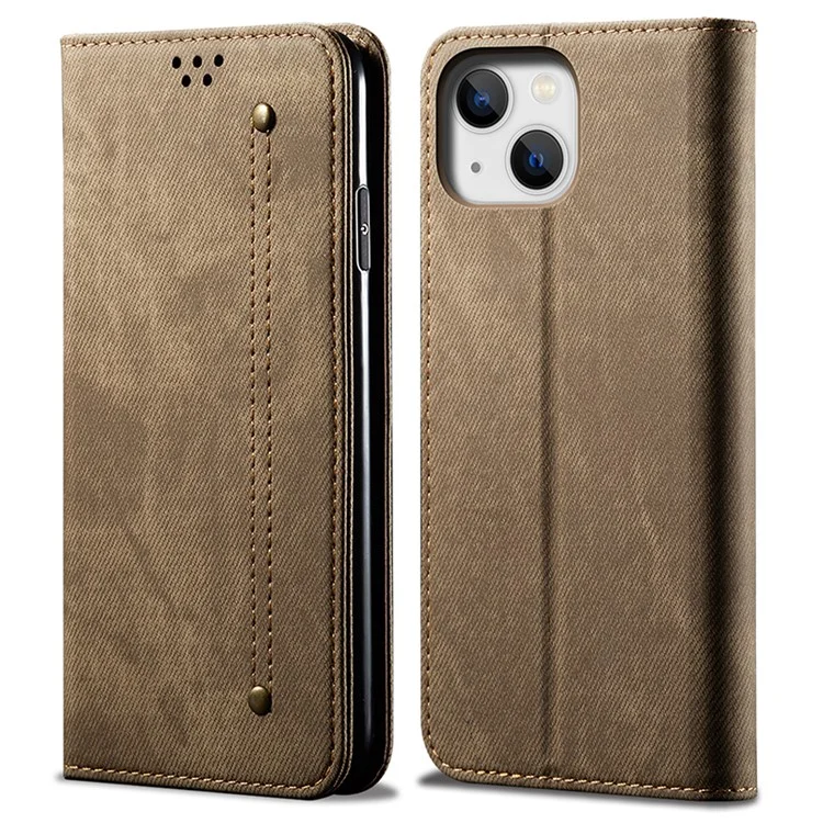 For iPhone 15 Plus Shockproof Phone Case Wallet Stand PU Leather Jeans Cloth Texture Phone Cover - Khaki