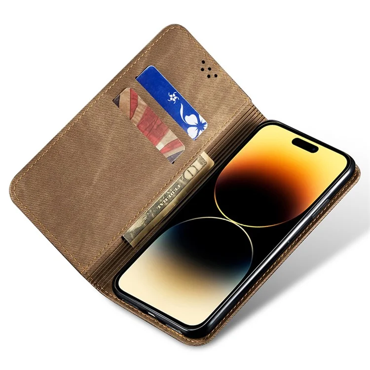 For iPhone 15 Plus Shockproof Phone Case Wallet Stand PU Leather Jeans Cloth Texture Phone Cover - Khaki