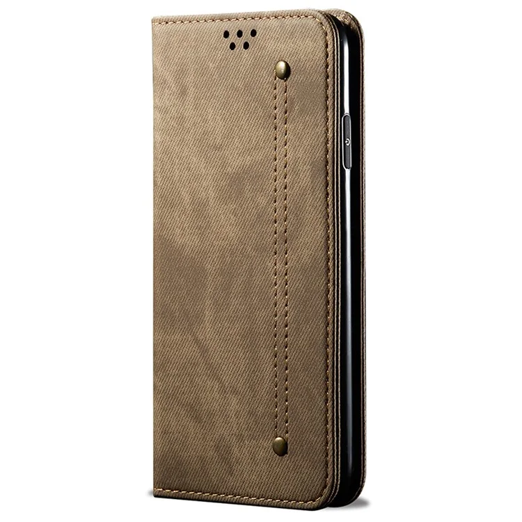 For iPhone 15 Plus Shockproof Phone Case Wallet Stand PU Leather Jeans Cloth Texture Phone Cover - Khaki