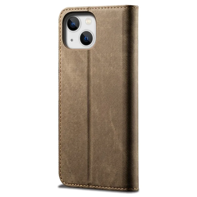 For iPhone 15 Plus Shockproof Phone Case Wallet Stand PU Leather Jeans Cloth Texture Phone Cover - Khaki