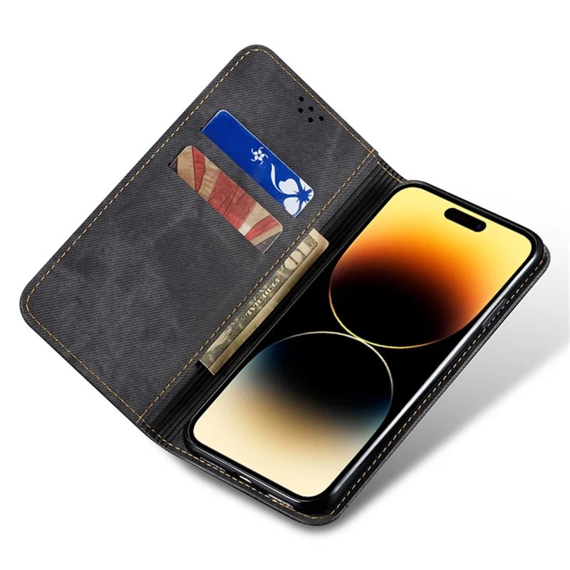 Phone Case for iPhone 15 , Wallet Stand Cell Phone Cover PU Leather Jeans Cloth Texture Shell - Black