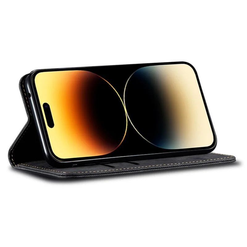 Phone Case for iPhone 15 , Wallet Stand Cell Phone Cover PU Leather Jeans Cloth Texture Shell - Black