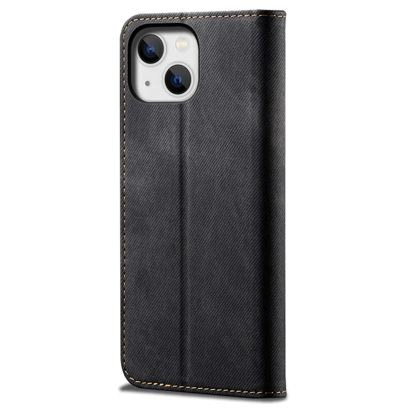 Phone Case for iPhone 15 , Wallet Stand Cell Phone Cover PU Leather Jeans Cloth Texture Shell - Black