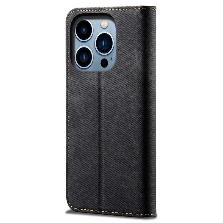 Per iPhone 15 Pro Max Custodia per telefono Custodia in pelle PU Texture in tessuto di jeans Supporto portafoglio Antigraffio Custodia per telefono - Nero