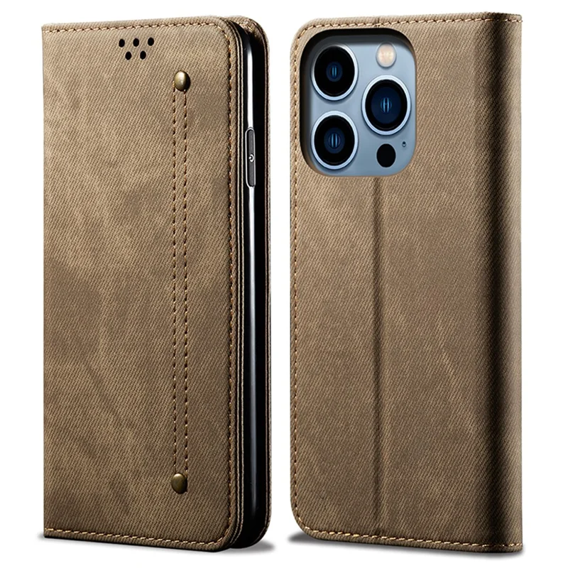 For iPhone 15 Pro Max Phone Case PU Leather Jeans Cloth Texture Wallet Stand Anti-Scratch Phone Cover - Khaki