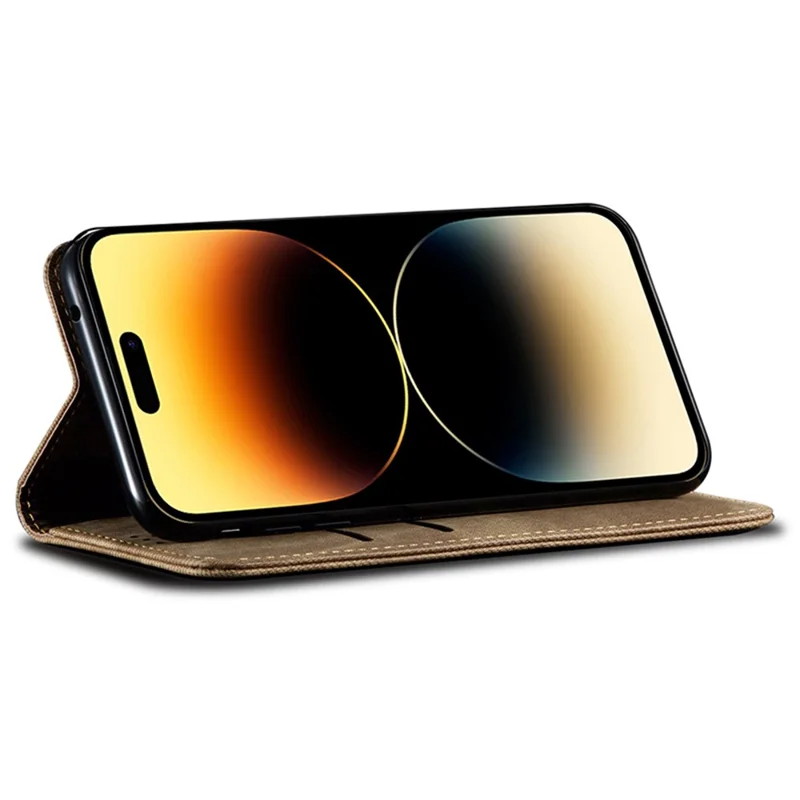 For iPhone 15 Pro Max Phone Case PU Leather Jeans Cloth Texture Wallet Stand Anti-Scratch Phone Cover - Khaki