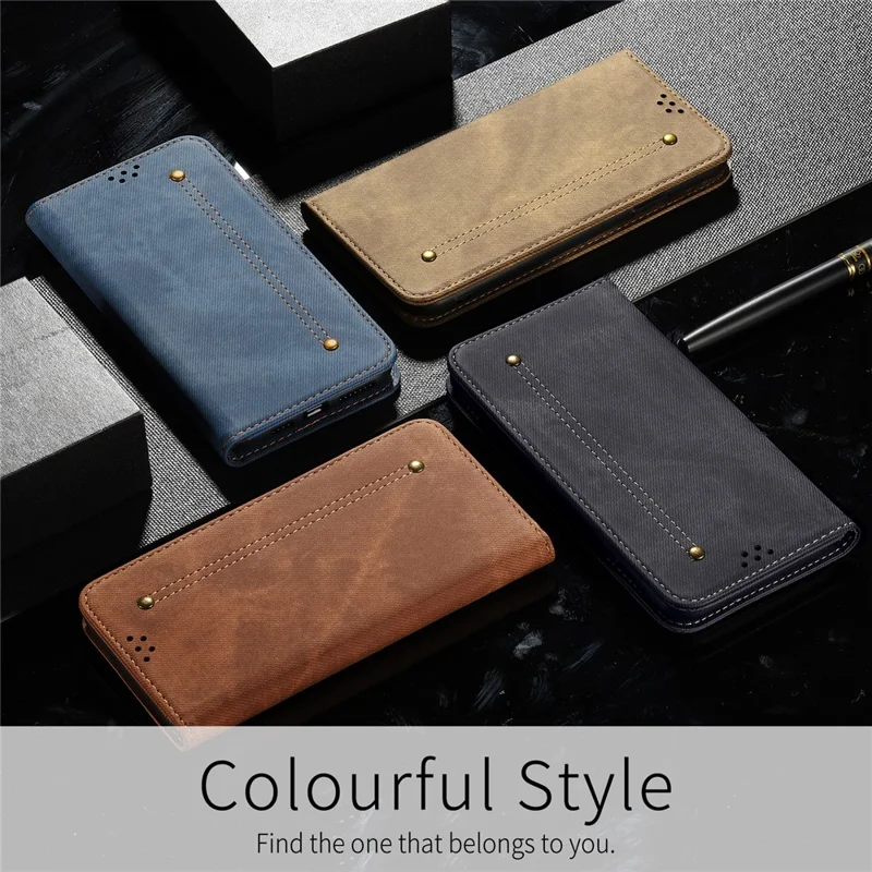 For iPhone 15 Pro Max Phone Case PU Leather Jeans Cloth Texture Wallet Stand Anti-Scratch Phone Cover - Khaki