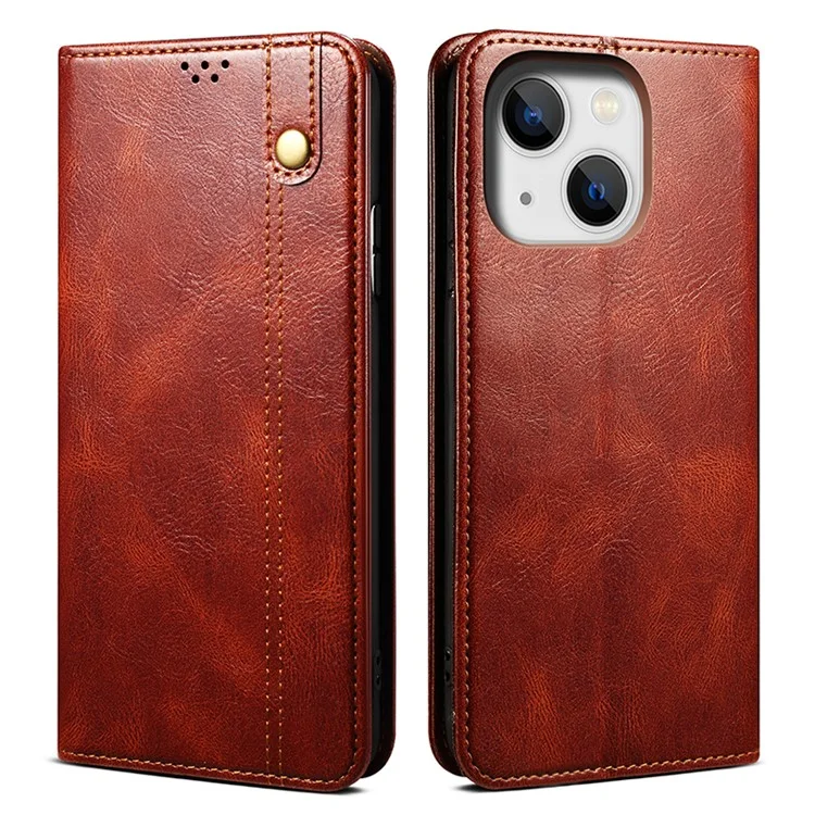 Capa de telefone para iPhone 15 Plus, textura de cabelo de cavalo encerada de couro PU Wallet Shell Phone Case - Marrom