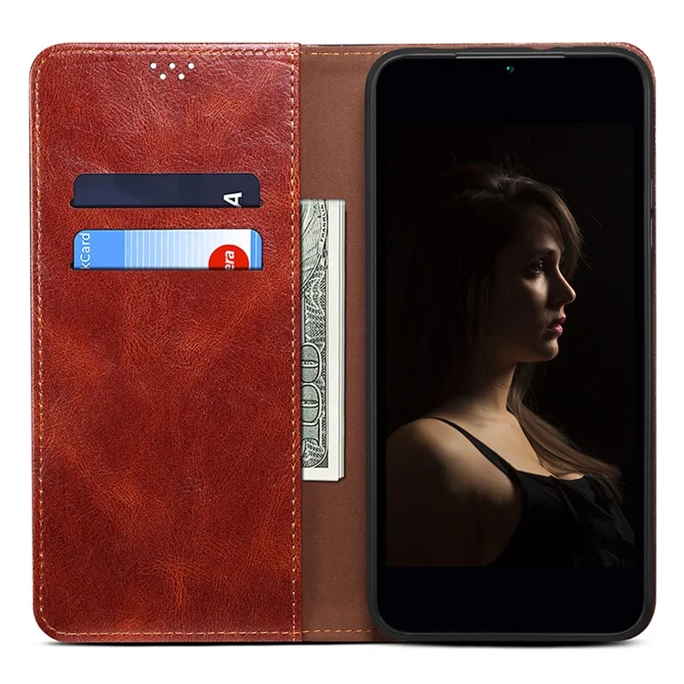Capa de telefone para iPhone 15 Plus, textura de cabelo de cavalo encerada de couro PU Wallet Shell Phone Case - Marrom