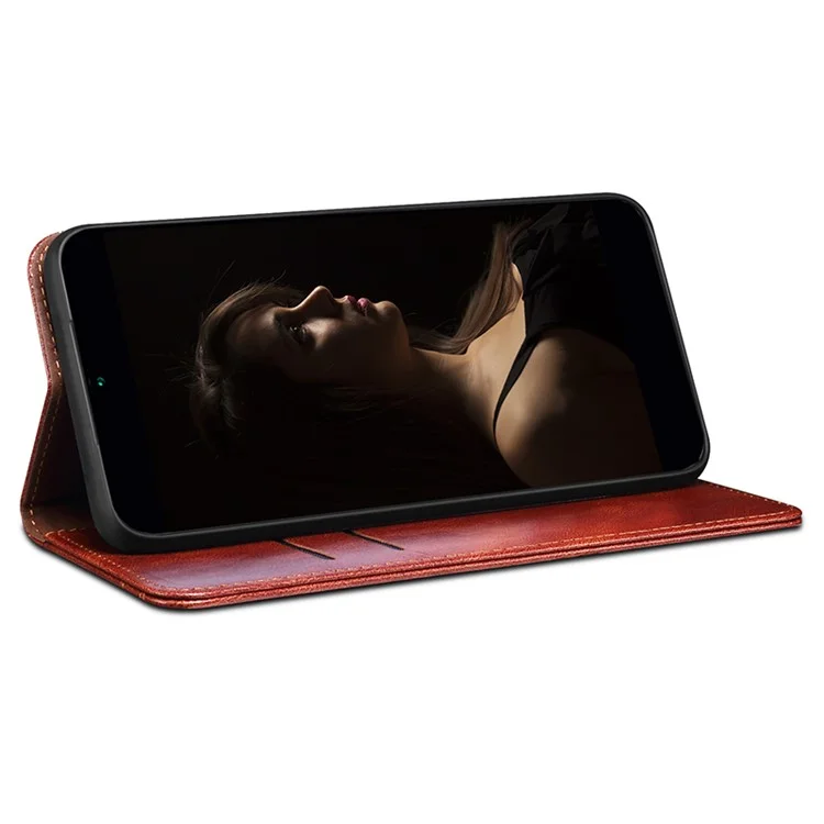 Capa de telefone para iPhone 15 Plus, textura de cabelo de cavalo encerada de couro PU Wallet Shell Phone Case - Marrom
