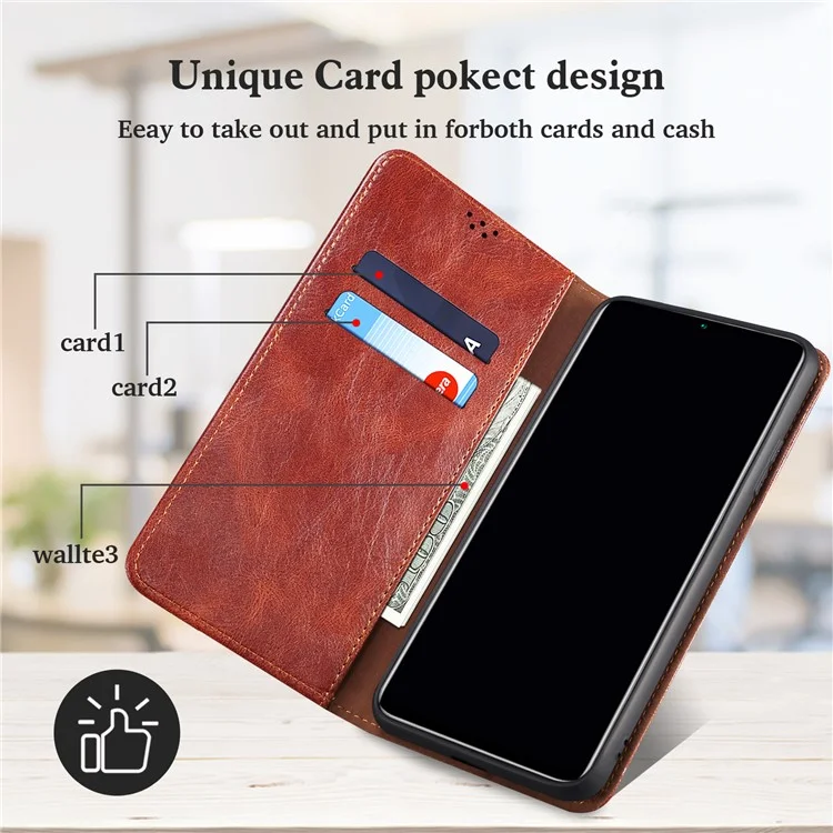 Capa de telefone para iPhone 15 Plus, textura de cabelo de cavalo encerada de couro PU Wallet Shell Phone Case - Marrom
