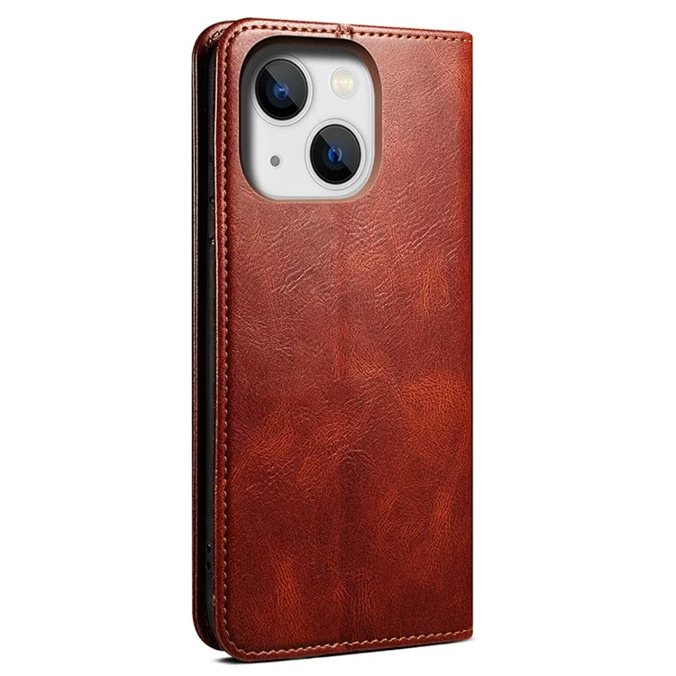 Capa de telefone para iPhone 15 Plus, textura de cabelo de cavalo encerada de couro PU Wallet Shell Phone Case - Marrom