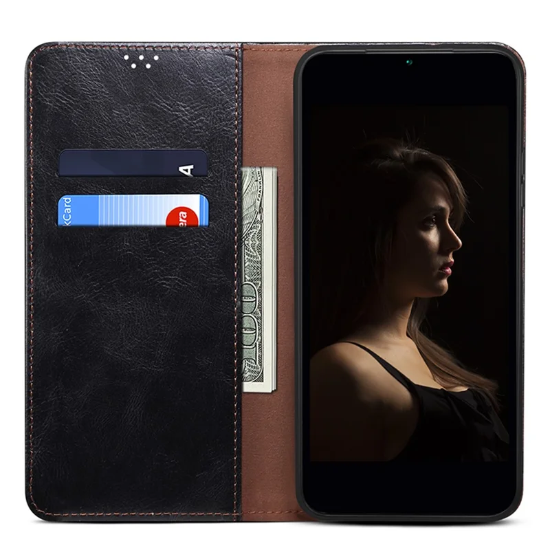 For iPhone 15 Phone Cover Stand Wallet Waxy Crazy Horse Texture PU Leather Cell Phone Shell Case - Black