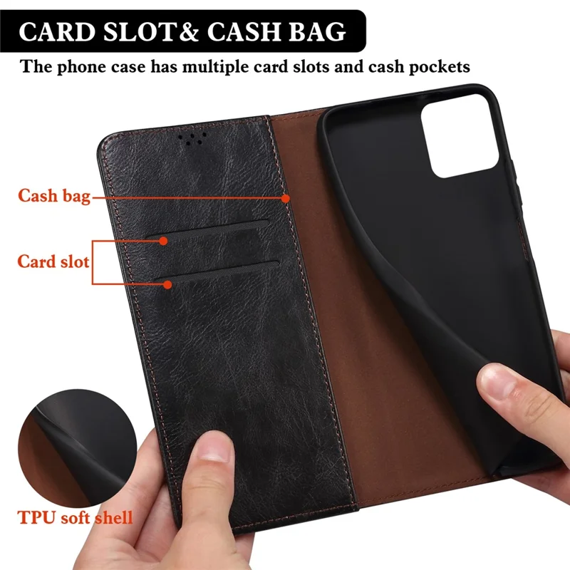 For iPhone 15 Phone Cover Stand Wallet Waxy Crazy Horse Texture PU Leather Cell Phone Shell Case - Black