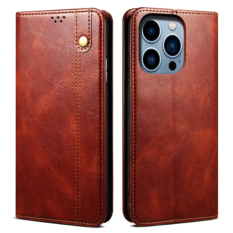 Per iPhone 15 Pro Max Waxy Crazy Horse Texture Phone Cover Stand Wallet PU Leather Cell Phone Case - Marrone