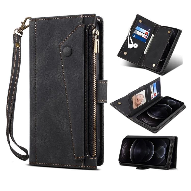 ESEBLE Star Series Für iPhone 15 Pro Wallet Ledertasche Reißverschlusstaschen RFID-Blockierung Handyhalterung - Schwarz