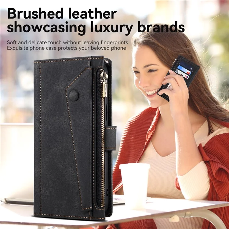 ESEBLE Star Series Für iPhone 15 Pro Wallet Ledertasche Reißverschlusstaschen RFID-Blockierung Handyhalterung - Schwarz