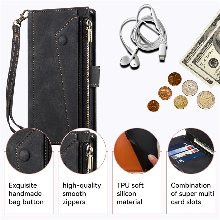 ESEBLE Star Series Für iPhone 15 Pro Wallet Ledertasche Reißverschlusstaschen RFID-Blockierung Handyhalterung - Schwarz