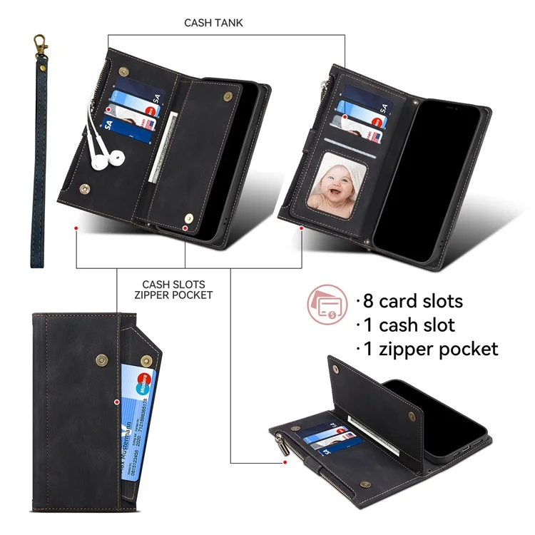 ESEBLE Star Series Für iPhone 15 Pro Wallet Ledertasche Reißverschlusstaschen RFID-Blockierung Handyhalterung - Schwarz