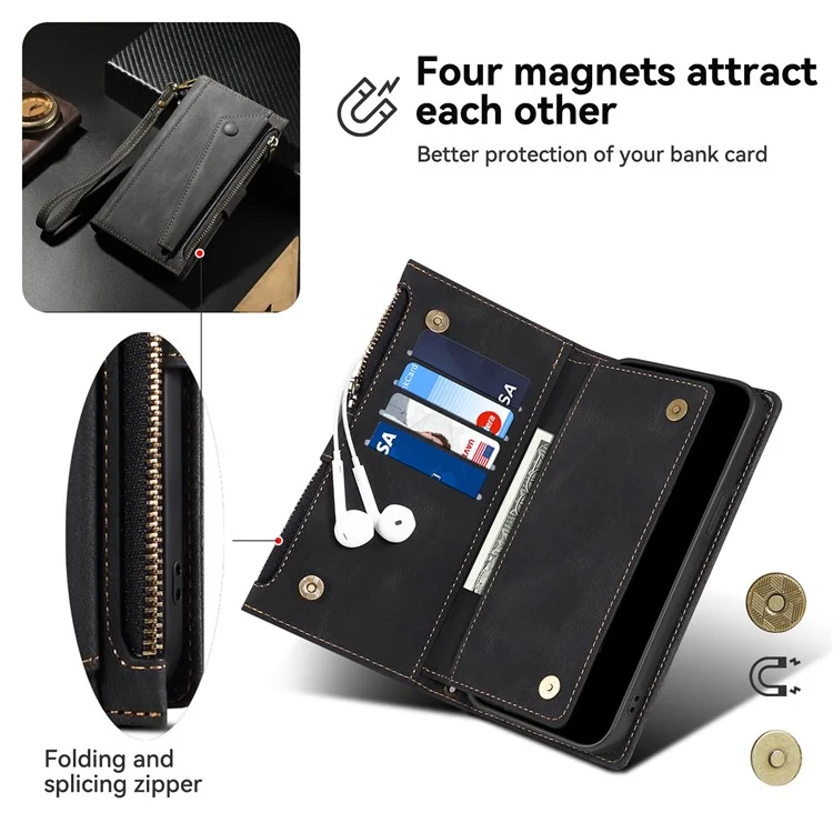 ESEBLE Star Series Für iPhone 15 Pro Wallet Ledertasche Reißverschlusstaschen RFID-Blockierung Handyhalterung - Schwarz