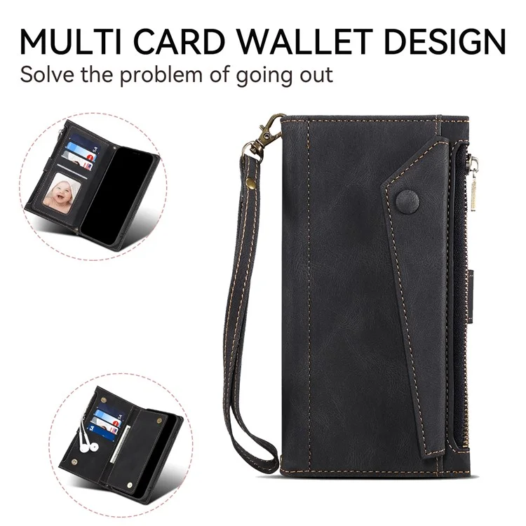 ESEBLE Star Series Für iPhone 15 Pro Wallet Ledertasche Reißverschlusstaschen RFID-Blockierung Handyhalterung - Schwarz