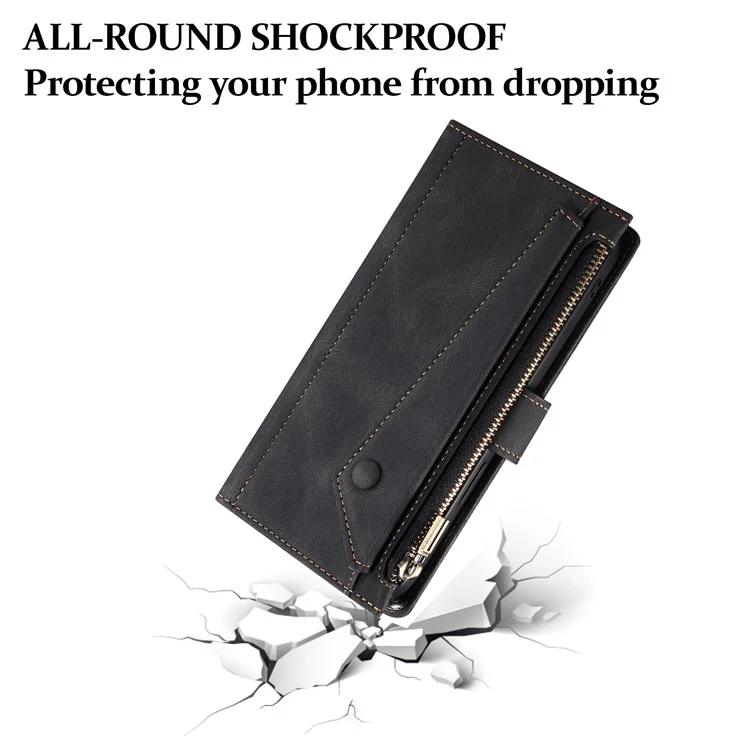ESEBLE Star Series Für iPhone 15 Pro Wallet Ledertasche Reißverschlusstaschen RFID-Blockierung Handyhalterung - Schwarz