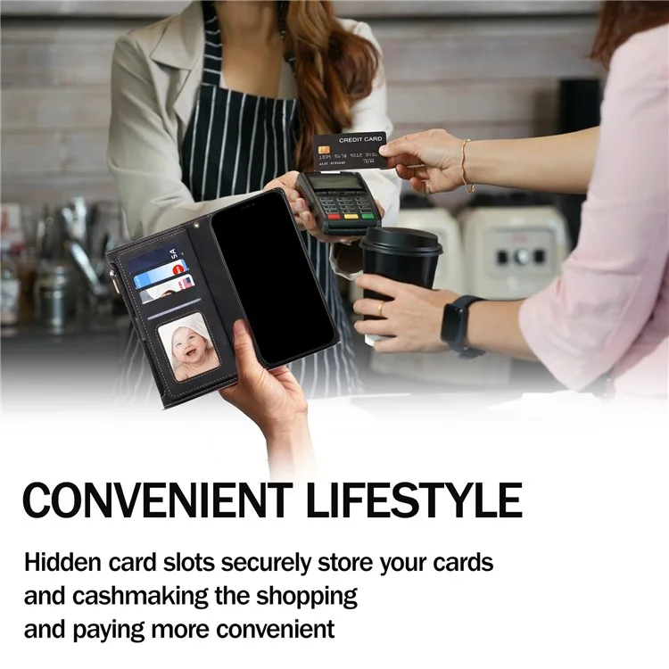 ESEBLE Star Series Für iPhone 15 Pro Wallet Ledertasche Reißverschlusstaschen RFID-Blockierung Handyhalterung - Schwarz