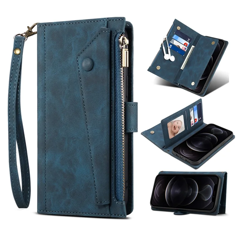 ESEBLE Star Series For iPhone 15 Pro Wallet Leather Phone Case Zipper Pocket RFID Blocking Cell Phone Stand Shell - Blue