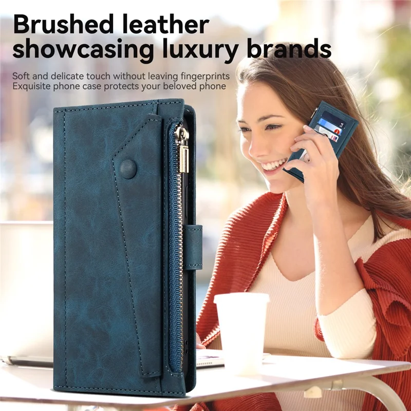 ESEBLE Star Series For iPhone 15 Pro Wallet Leather Phone Case Zipper Pocket RFID Blocking Cell Phone Stand Shell - Blue