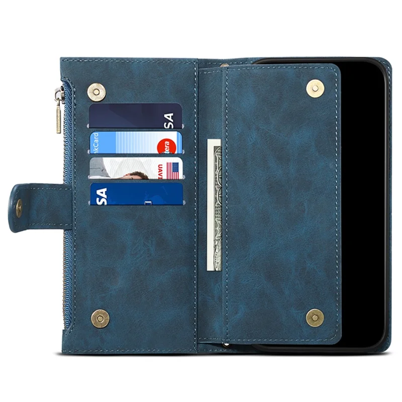 ESEBLE Star Series For iPhone 15 Pro Wallet Leather Phone Case Zipper Pocket RFID Blocking Cell Phone Stand Shell - Blue