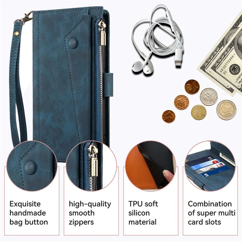 ESEBLE Star Series For iPhone 15 Pro Wallet Leather Phone Case Zipper Pocket RFID Blocking Cell Phone Stand Shell - Blue