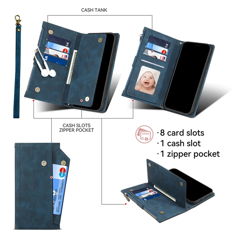 ESEBLE Star Series For iPhone 15 Pro Wallet Leather Phone Case Zipper Pocket RFID Blocking Cell Phone Stand Shell - Blue