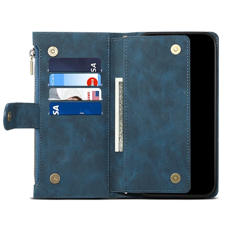 ESEBLE Star Series Para iPhone 15 Pro Max Zipper Pocket Leather Phone Case Wallet RFID Blocking Phone Stand Cover - Azul