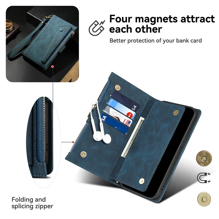 ESEBLE Star Series Para iPhone 15 Pro Max Zipper Pocket Leather Phone Case Wallet RFID Blocking Phone Stand Cover - Azul