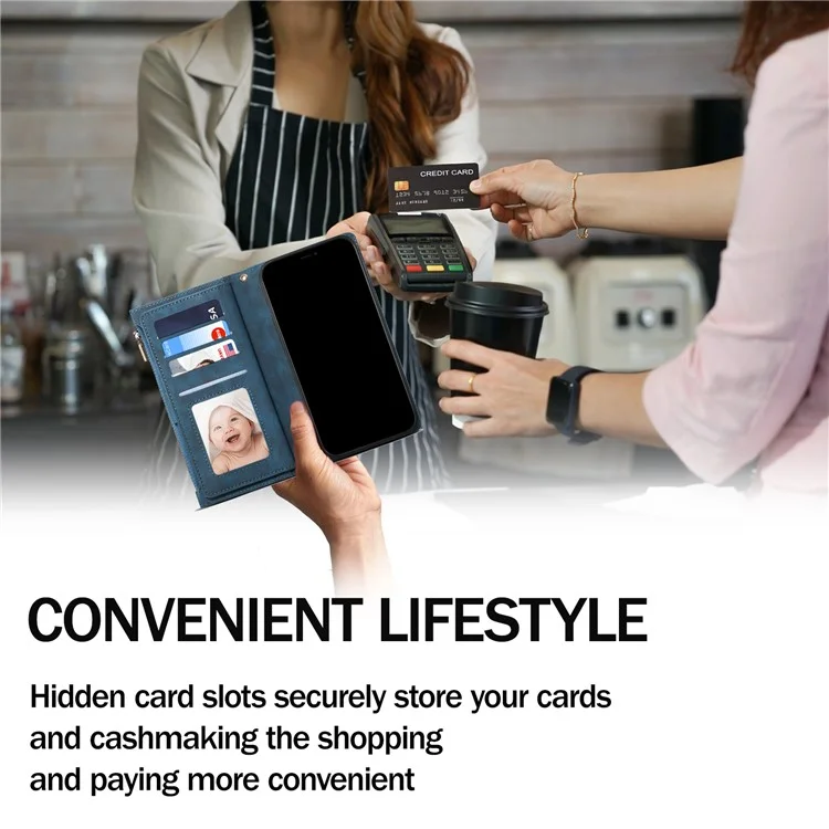 ESEBLE Star Series Para iPhone 15 Pro Max Zipper Pocket Leather Phone Case Wallet RFID Blocking Phone Stand Cover - Azul