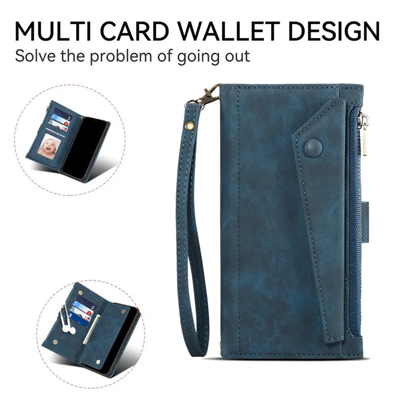 ESEBLE Star Series Leather Phone Case for iPhone 15 , Zipper Pocket Wallet RFID Blocking Phone Stand Cover - Blue