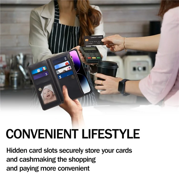 ESEBLE Wallet Leather Phone Case for iPhone 15 Plus , RFID Blocking Zipper Pocket Phone Stand Cover - Black