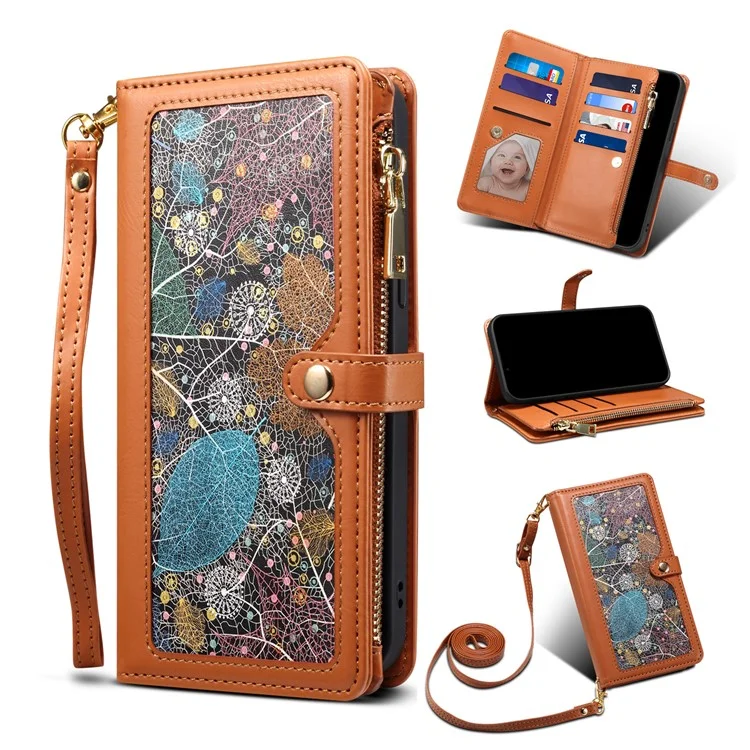 ESEBLE RFID Blocking Wallet Leather Cover for iPhone 15 , Zipper Pocket Stand Phone Case - Brown