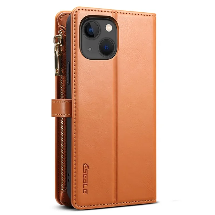 ESEBLE RFID Blocking Wallet Leather Cover for iPhone 15 , Zipper Pocket Stand Phone Case - Brown