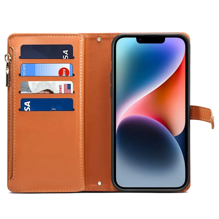 ESEBLE RFID Blocking Wallet Leather Cover for iPhone 15 , Zipper Pocket Stand Phone Case - Brown