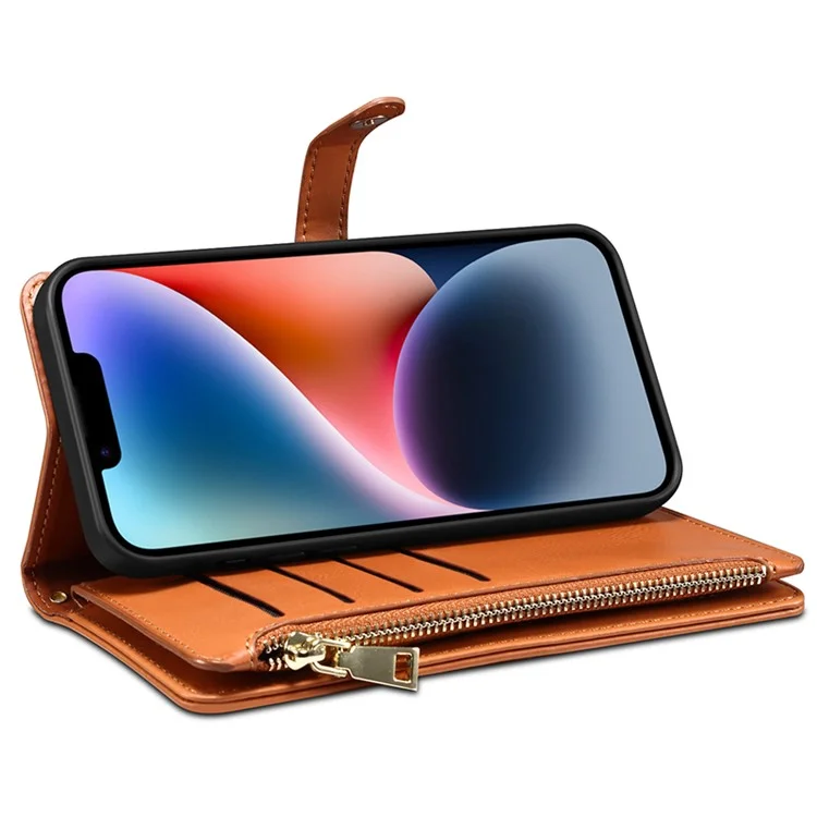ESEBLE RFID Blocking Wallet Leather Cover for iPhone 15 , Zipper Pocket Stand Phone Case - Brown
