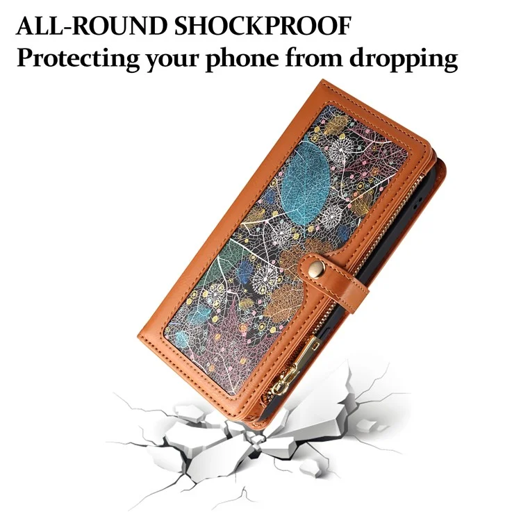 ESEBLE RFID Blocking Wallet Leather Cover for iPhone 15 , Zipper Pocket Stand Phone Case - Brown