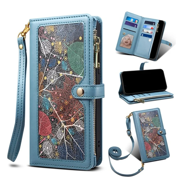 ESEBLE RFID Blocking Wallet Case for iPhone 15 Pro , PU Leather Stand Zipper Pocket Phone Cover - Blue