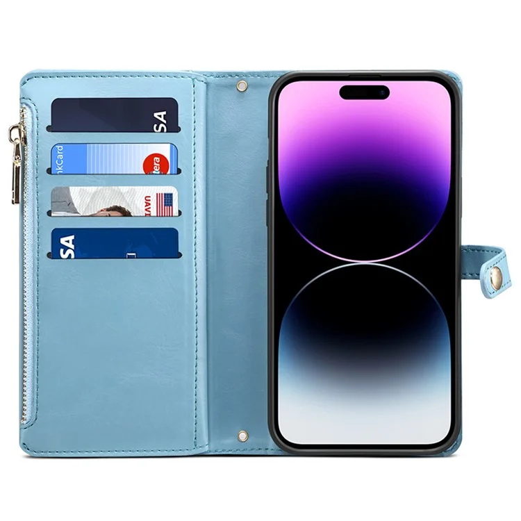 ESEBLE RFID Blocking Wallet Case for iPhone 15 Pro , PU Leather Stand Zipper Pocket Phone Cover - Blue