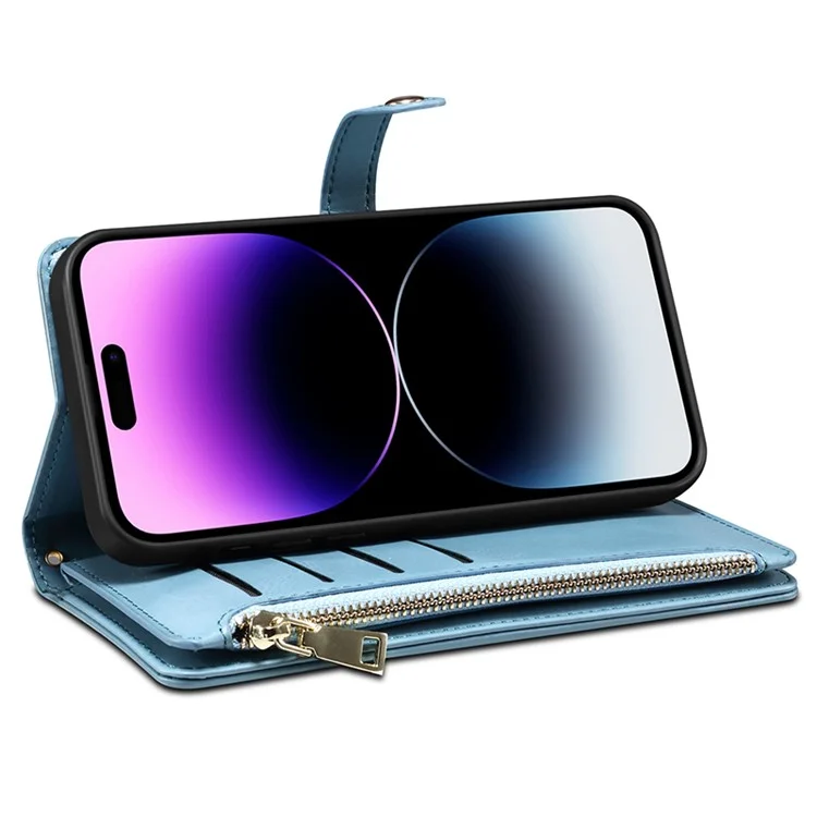 ESEBLE RFID Blocking Wallet Case for iPhone 15 Pro , PU Leather Stand Zipper Pocket Phone Cover - Blue