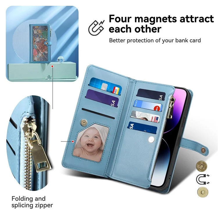 ESEBLE RFID Blocking Wallet Case for iPhone 15 Pro , PU Leather Stand Zipper Pocket Phone Cover - Blue