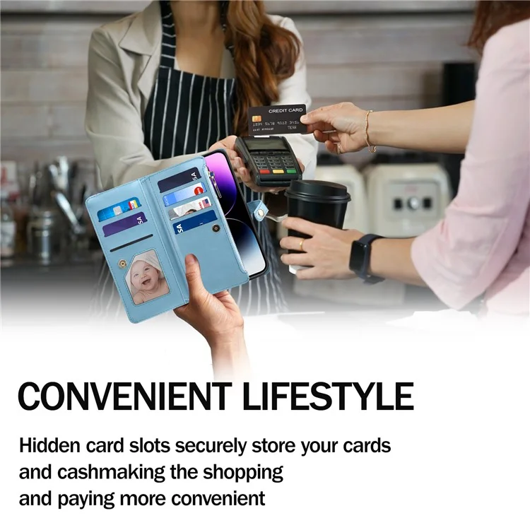 ESEBLE RFID Blocking Wallet Case for iPhone 15 Pro , PU Leather Stand Zipper Pocket Phone Cover - Blue