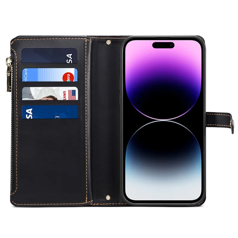 ESEBLE RFID Blocking Wallet Case for iPhone 15 Pro , PU Leather Stand Zipper Pocket Phone Cover - Black