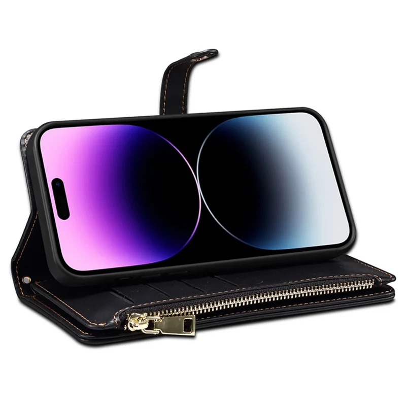 ESEBLE RFID Blocking Wallet Case for iPhone 15 Pro , PU Leather Stand Zipper Pocket Phone Cover - Black